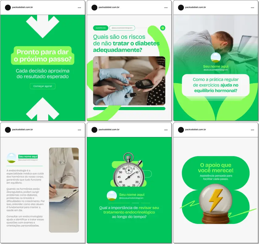 Kit completo para endocrinologistas com posts sobre funções hormonais, diagnóstico, terapias, disfunções metabólicas, saúde da mulher, saúde masculina e acompanhamento clínico. Design profissional e personalizável para fortalecer sua presença digital nas redes sociais.