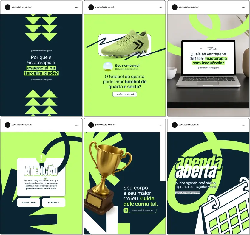 Pack Canva Fisioterapia – Kit com posts e artes editáveis para fisioterapeutas que desejam atrair, educar e fidelizar pacientes nas redes sociais. Conteúdos prontos para postar sobre reabilitação, prevenção de lesões, dor na coluna, postura, mobilidade e exercícios terapêuticos.