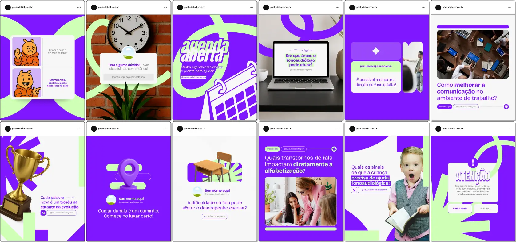 Com este Pack Canva para Fonoaudiólogos, você terá posts profissionais sobre atraso de fala, troca de letras, autismo, disfagia, fonoaudiologia escolar, dicas para os pais e orientações para estimulação da linguagem. Tudo 100% editável, direto no Canva, pronto para postar.