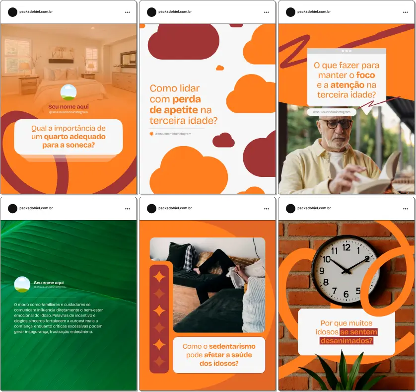 Kit completo de posts para profissionais de Gerontologia com artes sobre longevidade, autonomia do idoso, saúde emocional, importância do convívio social, estratégias de prevenção, cuidados paliativos e orientações para familiares. Design moderno, atrativo e adaptável para redes sociais.