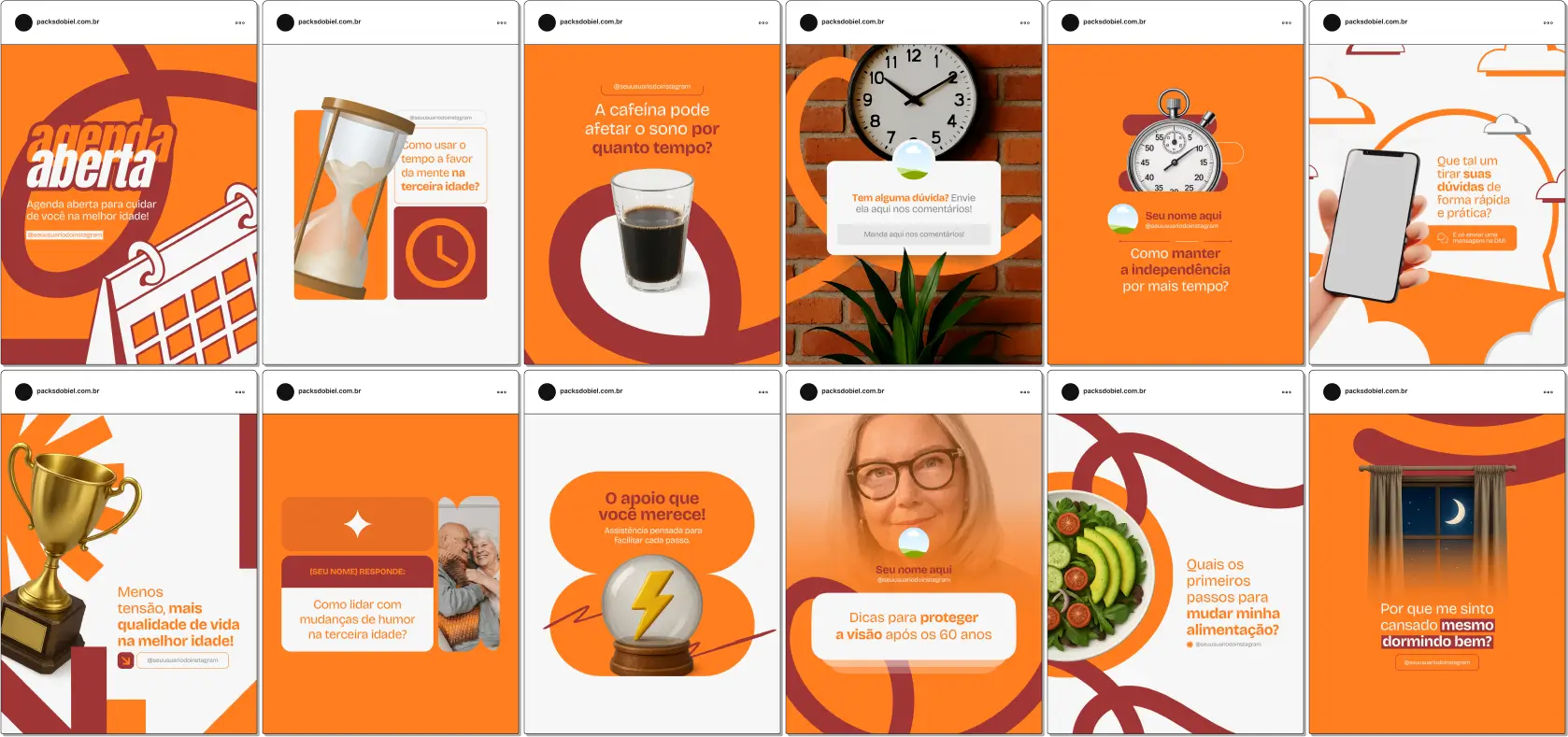 Com este Pack Canva para Gerontologia, você cria posts educativos sobre nutrição para idosos, exercícios físicos adaptados, estimulação cognitiva, acompanhamento clínico, prevenção de quedas e dicas de qualidade de vida. Tudo pronto para editar e publicar no Canva.