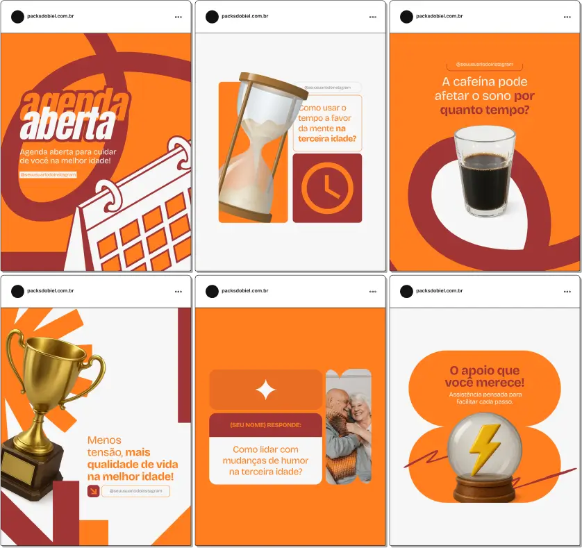 Pack Canva Gerontologia – Kit com posts e artes editáveis para gerontologistas, cuidadores de idosos, enfermeiros e profissionais da saúde. Conteúdos prontos para Instagram e redes sociais sobre envelhecimento saudável, cuidados diários, prevenção de doenças, atividades cognitivas e sociais, e bem-estar na terceira idade.