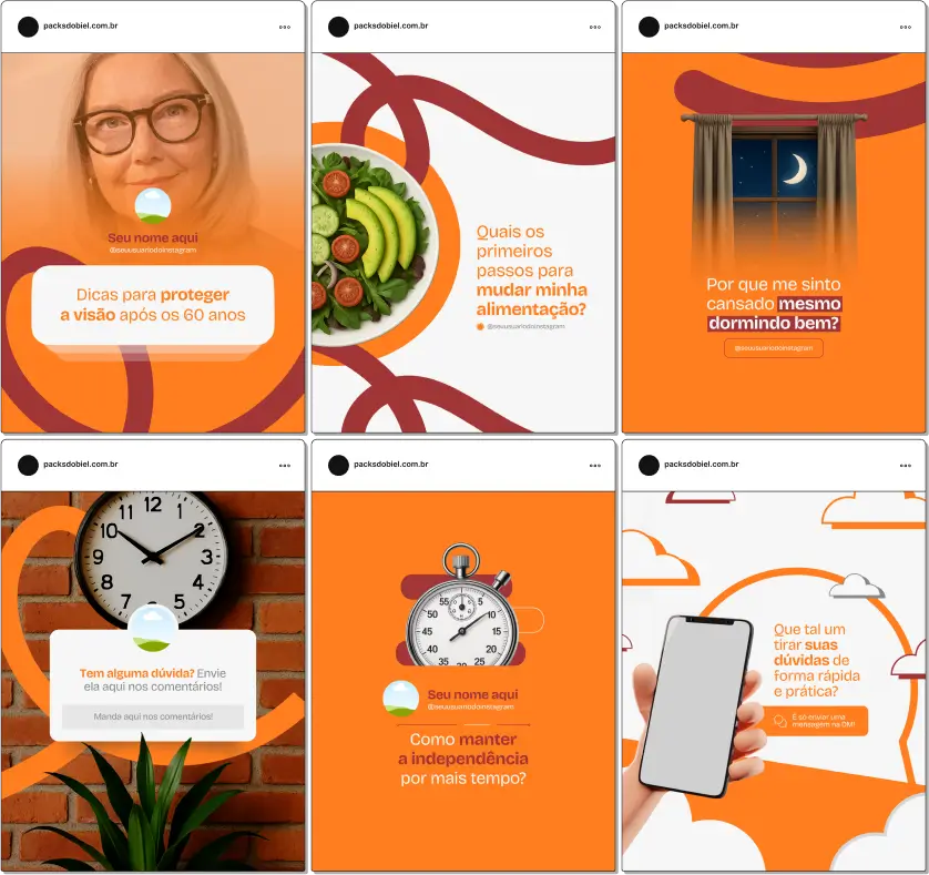 Kit completo para gerontologistas e cuidadores com posts sobre saúde mental e física do idoso, cuidados domiciliares, orientação familiar, gestão de doenças crônicas, socialização e envelhecimento ativo. Design moderno e personalizável para redes sociais.