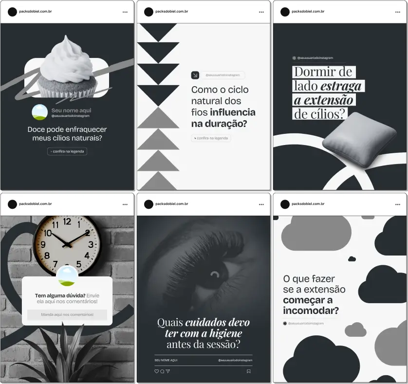 Com este Pack Canva para Lash Designer, você cria posts educativos e promocionais sobre extensão de cílios, manutenção, tipos de fios, formatos de olhos, estética profissional, atendimento ao cliente, estratégias para Instagram e outras redes sociais, totalmente personalizáveis no Canva.