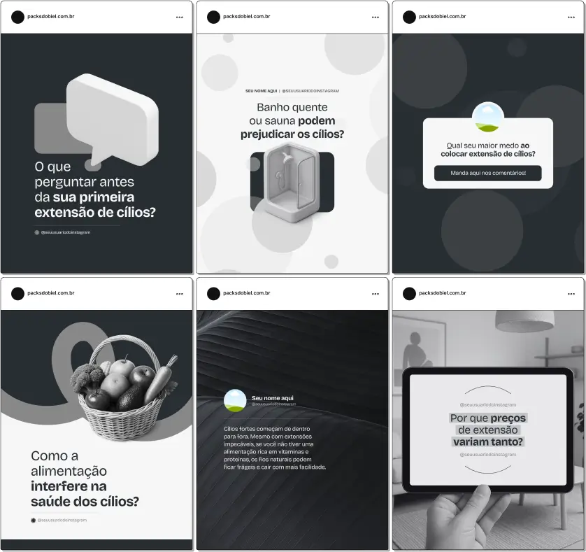 Pack Canva Lash Designer – Kit com posts e artes editáveis para lash designers, esteticistas, profissionais de extensão de cílios e salões de beleza. Conteúdos prontos para Instagram e redes sociais sobre técnicas de aplicação de cílios, cuidados pós-procedimento, estilos de alongamento, tendências de beleza, dicas de marketing para estéticas e fidelização de clientes.