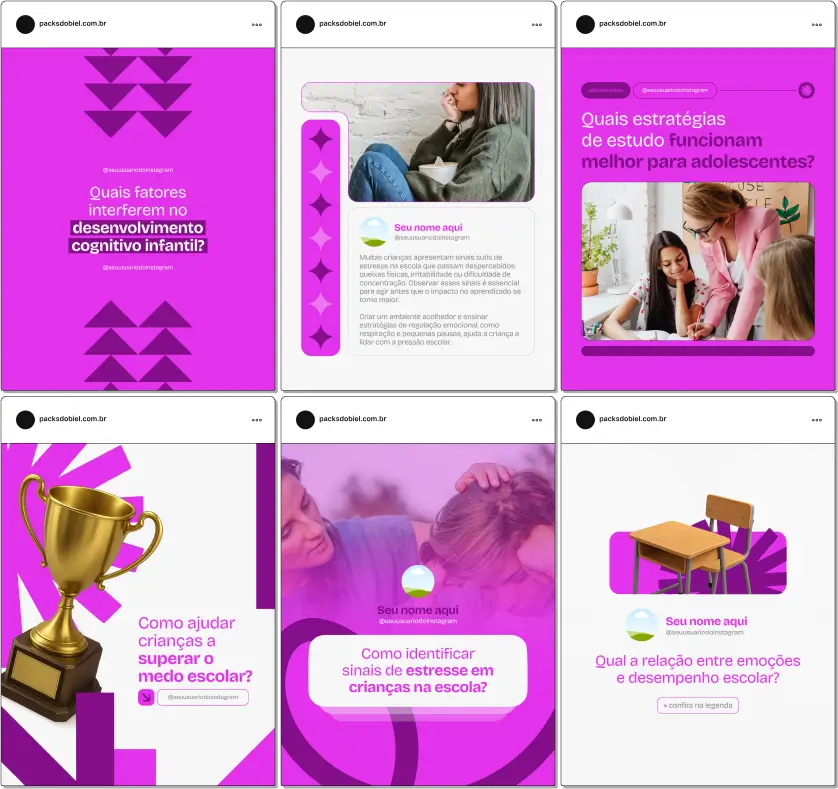 Kit completo para profissionais de neuropsicopedagogia com posts sobre avaliação de desempenho escolar, desenvolvimento intelectual, estratégias para superar dificuldades de aprendizagem, acompanhamento individualizado, educação especial e aconselhamento familiar. Design moderno e personalizável para redes sociais.