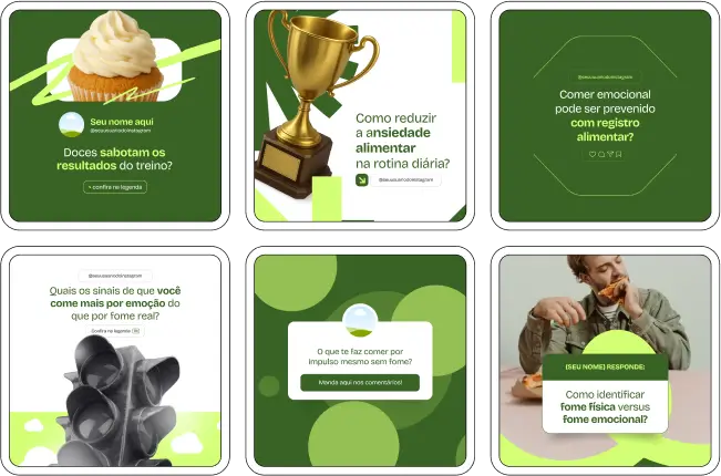 Kit completo para nutricionistas comportamentais e profissionais de saúde com posts sobre mudanças de hábitos alimentares, orientação prática para pacientes, técnicas de psicologia nutricional, conscientização sobre alimentação saudável, motivação para metas nutricionais e materiais visuais atrativos para Instagram, Facebook e outras redes sociais.