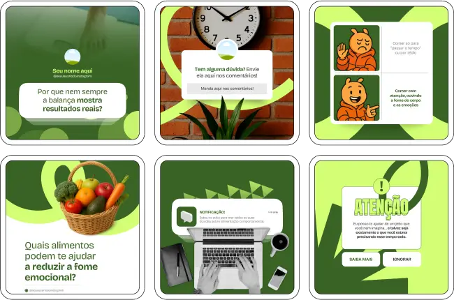 Com este Pack Canva para Nutrição Comportamental, você cria posts educativos e motivacionais sobre inteligência alimentar, relacionamento saudável com a comida, prevenção de compulsão alimentar, escolhas alimentares conscientes, estratégias de engajamento para redes sociais e materiais totalmente personalizáveis no Canva.