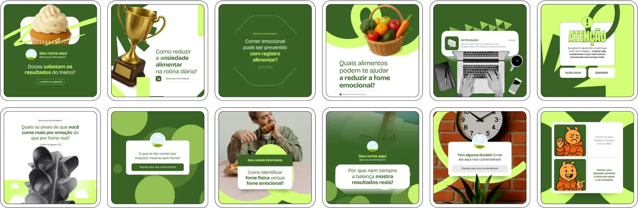 Pack Canva Nutrição Comportamental – Kit com posts e artes editáveis para nutricionistas, psicólogos, coaches de alimentação e profissionais de saúde. Conteúdos prontos para Instagram e redes sociais sobre hábitos alimentares, comportamento alimentar, controle de emoções e alimentação, estratégias de reeducação alimentar, mindfulness na nutrição e dicas de engajamento com pacientes.