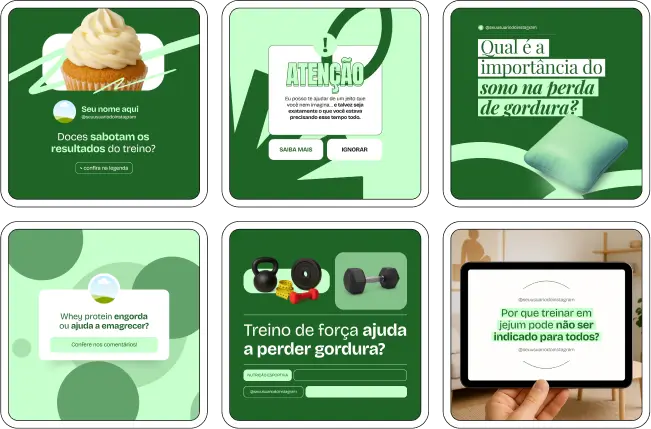 Kit completo para nutricionistas e profissionais de saúde esportiva com posts sobre nutrição funcional, alimentos energéticos, suplementação esportiva, prevenção de lesões, performance atlética, acompanhamento nutricional e materiais visuais atrativos para Instagram, Facebook e outras redes sociais.