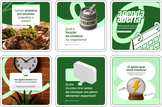 Com este Pack Canva para Nutrição Esportiva, você terá posts educativos e profissionais sobre planejamento alimentar para esportistas, nutrição pré e pós-treino, orientação para emagrecimento e ganho de massa muscular, estratégias de engajamento para redes sociais e personalização completa no Canva.