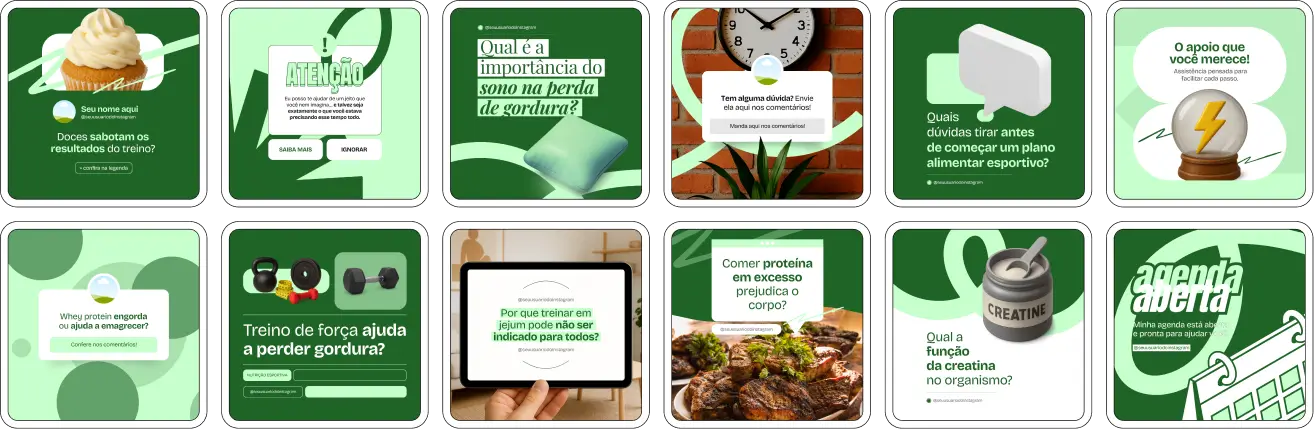 Pack Canva Nutrição Esportiva – Kit com posts e artes editáveis para nutricionistas esportivos, personal trainers, academias e profissionais de saúde. Conteúdos prontos para Instagram e redes sociais sobre alimentação para desempenho físico, suplementação, hidratação, recuperação muscular, dietas para atletas, treino e nutrição, e dicas de estilo de vida saudável.