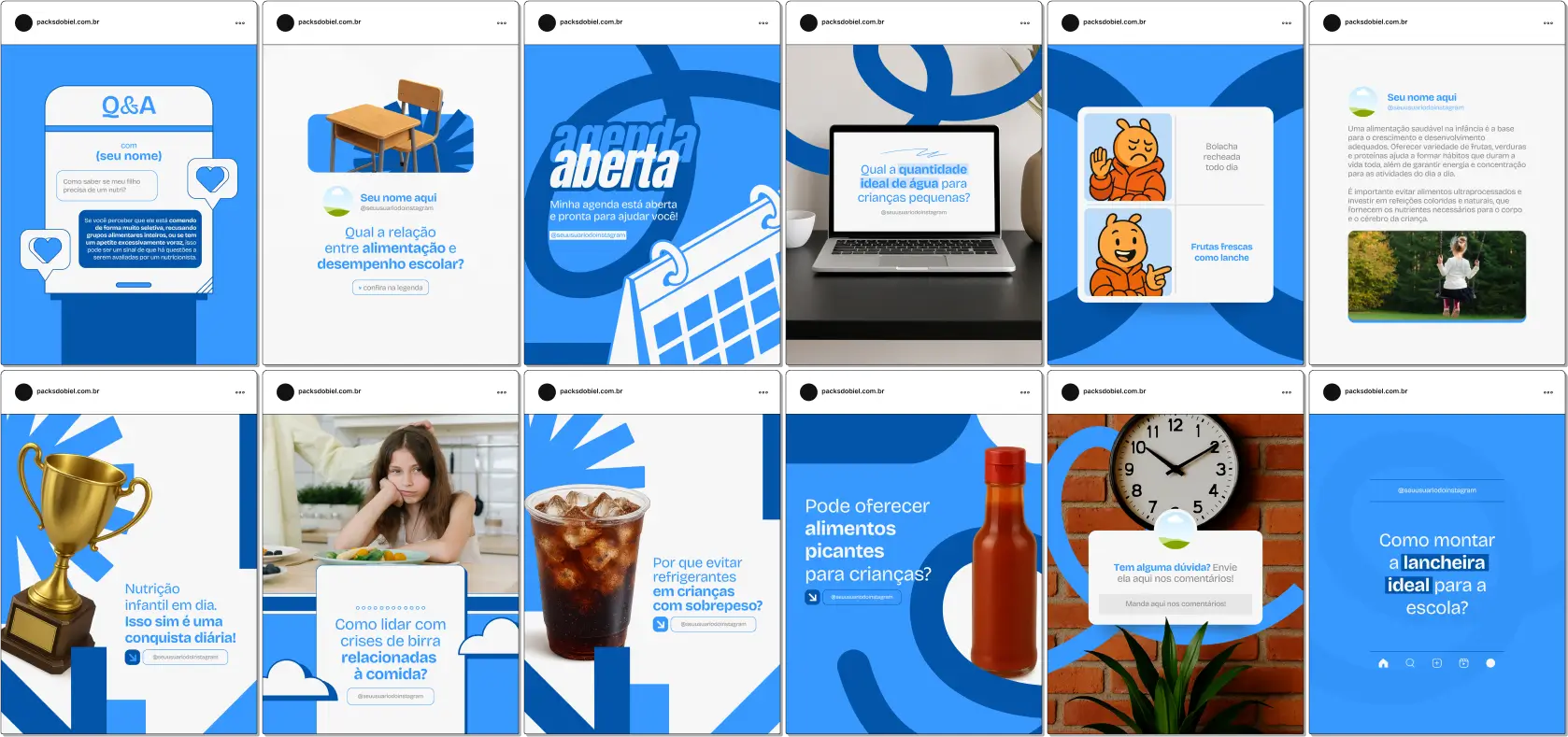 Kit completo para profissionais de nutrição infantil com posts sobre educação alimentar, importância das frutas e verduras, alimentação escolar, orientação para pais, prevenção de carências nutricionais e estratégias para crianças seletivas. Design atraente e personalizável para redes sociais.