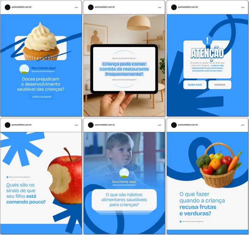Kit completo para nutricionistas e profissionais da saúde infantil com posts sobre planejamento alimentar infantil, acompanhamento nutricional, dicas de receitas saudáveis, desenvolvimento físico e cognitivo das crianças, educação alimentar e fidelização de clientes. Design moderno e editável para redes sociais.
