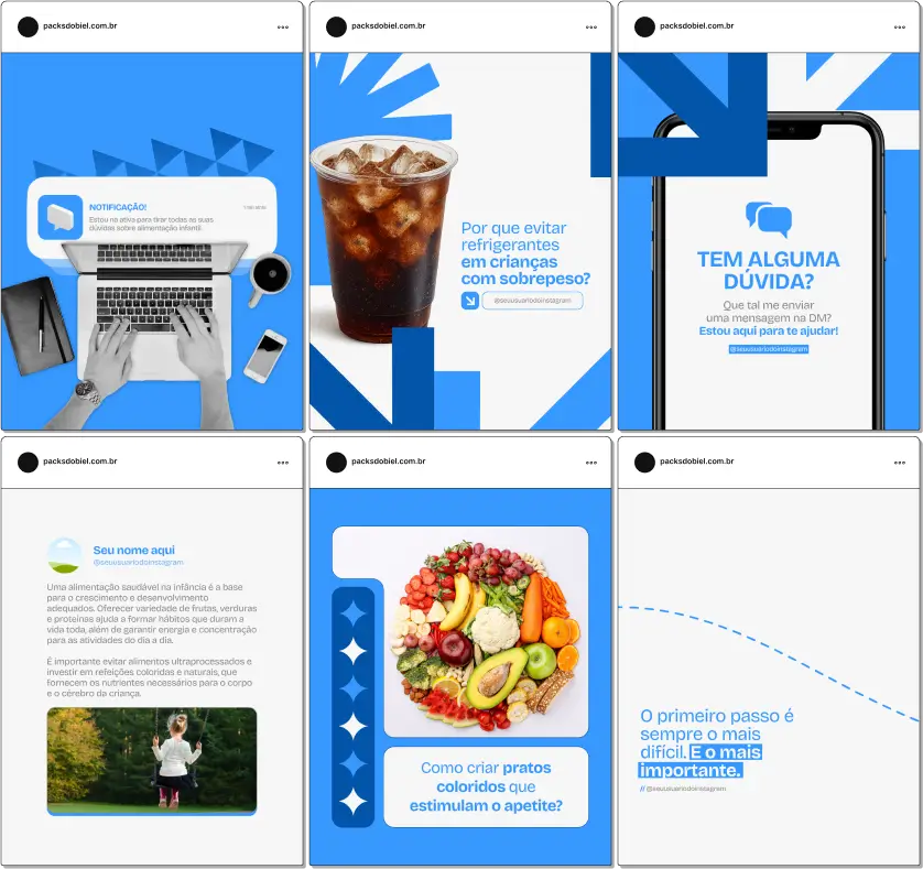 Pack Canva Nutrição Infantil – Kit com posts e artes editáveis para nutricionistas, pediatras, profissionais de saúde infantil e clínicas especializadas. Conteúdos prontos para Instagram e redes sociais sobre alimentação saudável, introdução alimentar, planejamento nutricional, prevenção de doenças, vitaminas essenciais e dicas para estimular bons hábitos alimentares em crianças.