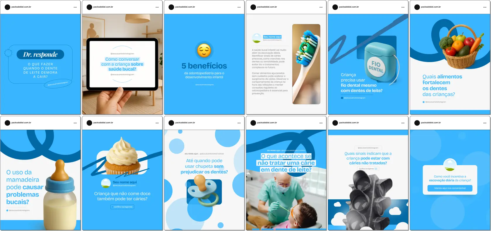 Kit completo para odontopediatras e profissionais de odontologia infantil com posts sobre desenvolvimento dentário, consultas odontológicas, técnicas lúdicas de higiene, orientações para pais e crianças, dicas de prevenção de cáries e materiais visuais atrativos para redes sociais, incluindo Instagram, Facebook e Pinterest.
