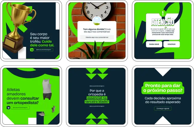 Com este Pack Canva para Ortopedistas, você cria posts educativos sobre avaliação de dores musculoesqueléticas, orientação sobre fraturas, técnicas de reabilitação, cuidados pós-cirúrgicos, exercícios de alongamento e dicas de saúde ortopédica para pacientes de todas as idades. Tudo pronto para editar e postar no Canva.