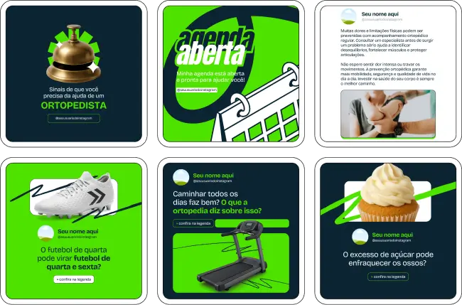 Kit completo para ortopedistas e profissionais de reabilitação com posts sobre lesões esportivas, prevenção de problemas articulares, tratamentos conservadores e cirúrgicos, fisioterapia ortopédica, cuidados com ossos, músculos e articulações, e orientações para uma vida saudável. Design moderno e personalizável para redes sociais.