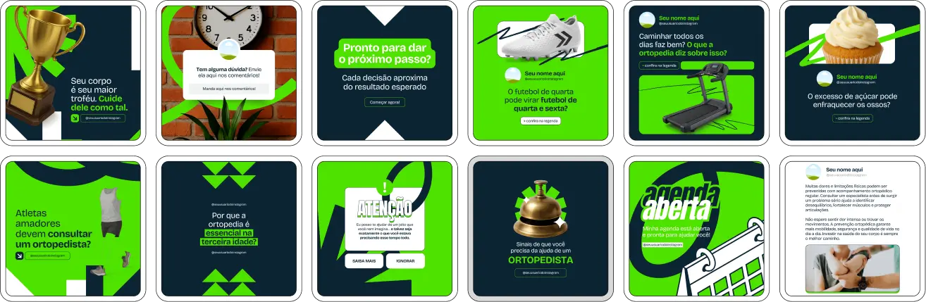 Pack Canva Ortopedista – Kit com posts e artes editáveis para ortopedistas, fisioterapeutas, clínicas ortopédicas e profissionais de reabilitação. Conteúdos prontos para Instagram e redes sociais sobre prevenção de lesões, tratamentos de articulações e ossos, exercícios de fortalecimento, cirurgias ortopédicas e cuidados com coluna e membros.