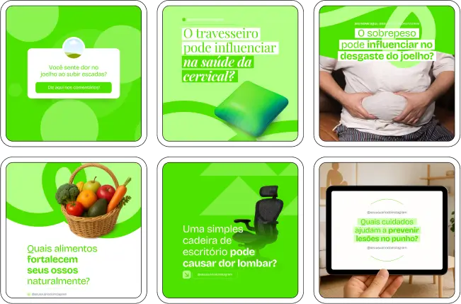 Com este Pack Canva para Ortopedista, você cria posts educativos e informativos sobre tratamentos ortopédicos, fortalecimento muscular, fisioterapia preventiva, recuperação de fraturas, prevenção de lesões esportivas, estratégias de engajamento nas redes sociais e materiais totalmente personalizáveis no Canva.