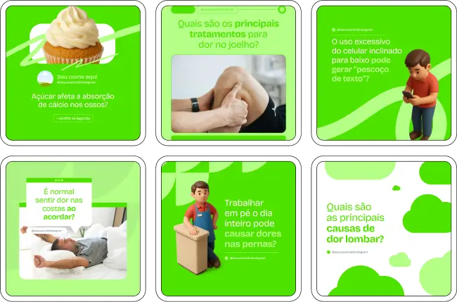 Kit completo para ortopedistas e profissionais de saúde com posts sobre ortopedia clínica e esportiva, reabilitação física, cuidados com coluna, joelhos e articulações, exercícios preventivos, dicas para pacientes e materiais visuais atrativos para aumentar presença digital em Instagram, Facebook e outras redes sociais.
