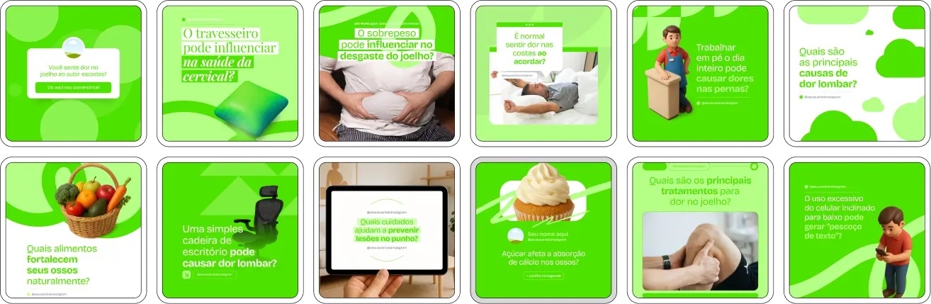 Pack Canva Ortopedista – Kit com posts e artes editáveis para ortopedistas, fisioterapeutas, clínicas de ortopedia e profissionais de saúde. Conteúdos prontos para Instagram e redes sociais sobre prevenção de lesões, dores musculoesqueléticas, exercícios de reabilitação, cuidados com articulações, alongamentos, dicas de postura e promoção de serviços ortopédicos.