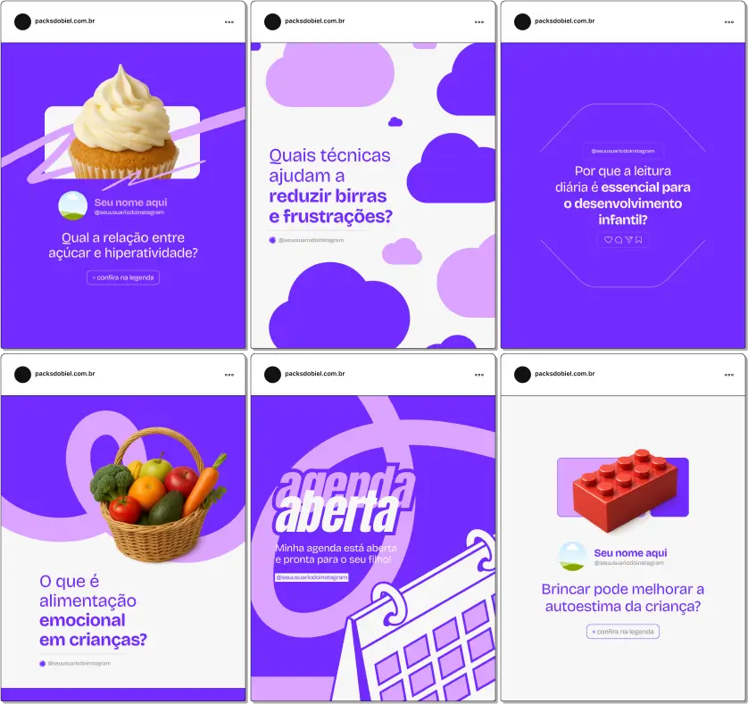 Kit completo para profissionais de educação e pedagogia com posts sobre planejamento de aulas, dicas de ensino criativo, acompanhamento do desenvolvimento infantil, estratégias de motivação, atividades lúdicas, orientações para pais e professores, com design moderno e adaptável para Instagram e outras plataformas digitais.