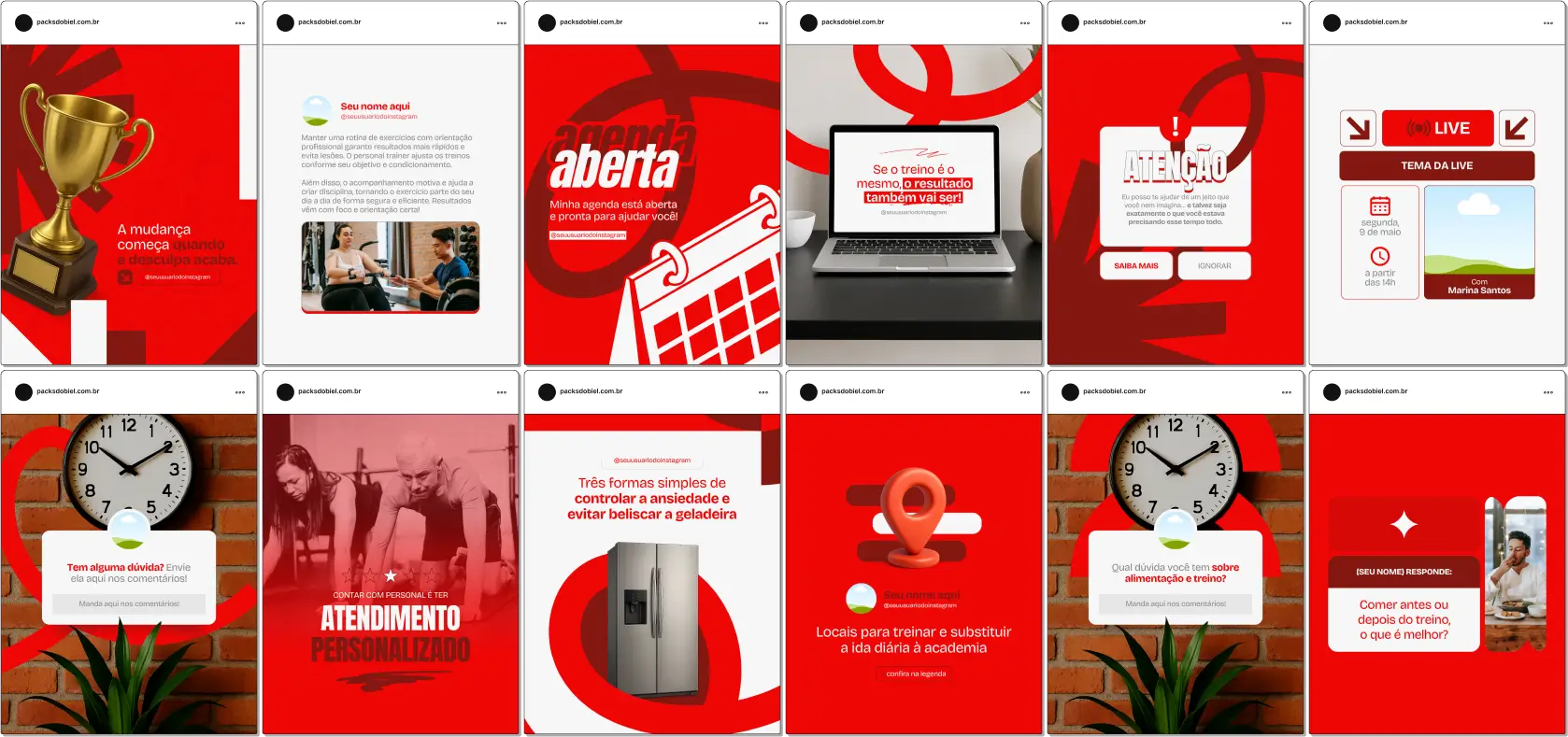 Kit para Personal Trainer com artes profissionais e posts prontos sobre treinos de hipertrofia, emagrecimento, dicas de constância, postura correta, erros comuns no treino e alimentação equilibrada. Feito para aumentar seu engajamento, atrair clientes e vender consultorias online ou presenciais.