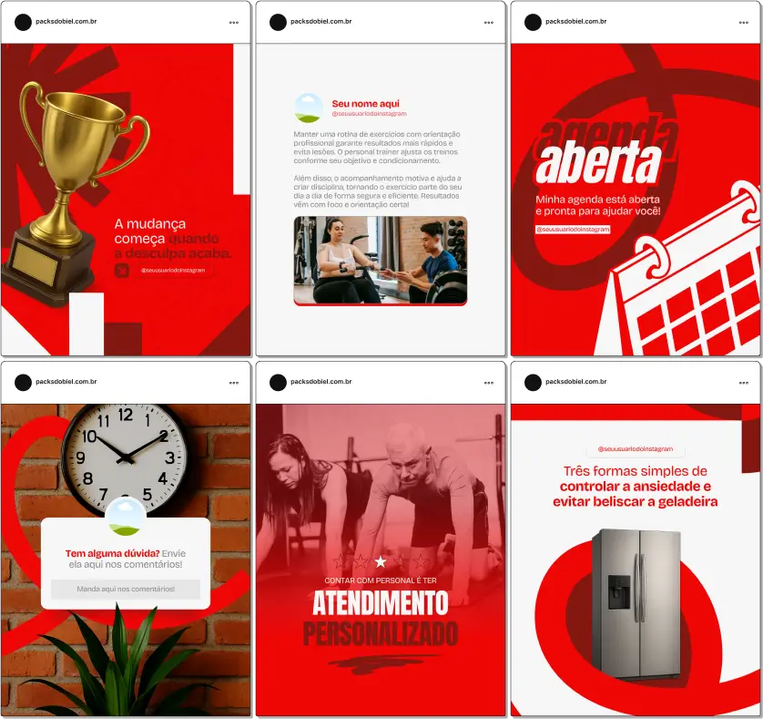 Com este Pack Canva para Personal Trainers, você terá conteúdos prontos sobre treinos funcionais, musculação, treinos para iniciantes, rotina de alimentação, mitos do fitness, antes e depois, motivação para treinar e fidelização de alunos. Tudo editável e personalizável no Canva com facilidade.