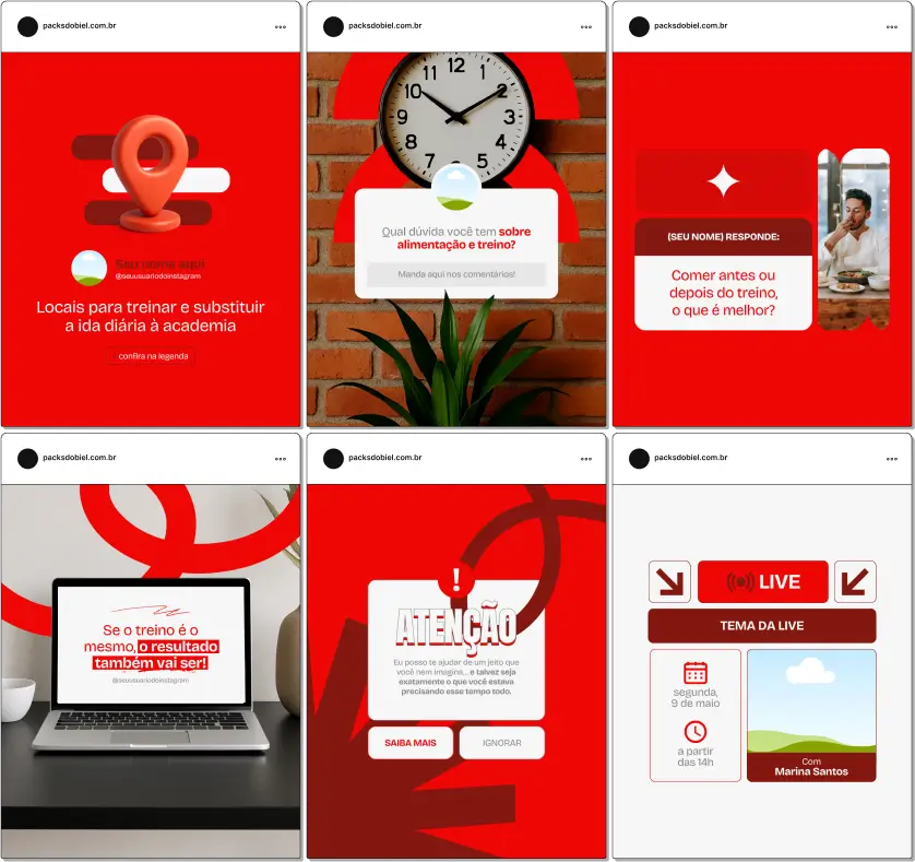 Pack Canva Personal Trainer – Kit com posts e artes editáveis para redes sociais, voltado para profissionais de treino, musculação e saúde. Inclui conteúdos prontos sobre hipertrofia, emagrecimento, alimentação, motivação e dicas de treino. Ideal para atrair alunos no Instagram e fortalecer seu posicionamento digital.