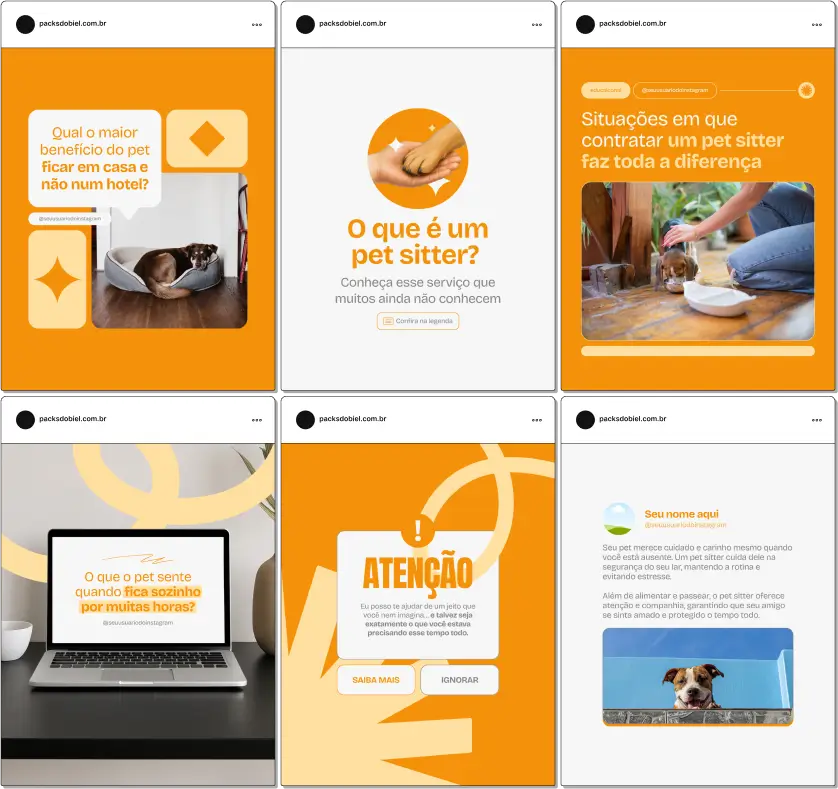 Mostre profissionalismo com um perfil visualmente impecável! O Pack Canva Pet Sitter é ideal para quem quer divulgar serviços de pet care, reforçar autoridade no mercado e aumentar agendamentos. Com posts estratégicos, você educa, atrai e engaja tutores preocupados com o bem-estar de seus animais.