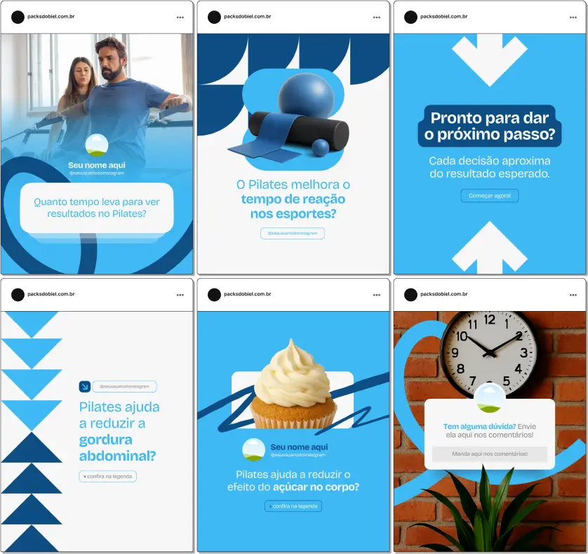 Pack Canva Pilates para Emagrecimento, Gestantes e Terceira Idade – Kit de posts editáveis com conteúdos direcionados para nichos específicos dentro do pilates. Aborda pilates para emagrecer, pilates para gestantes, pilates para idosos, melhora da respiração, equilíbrio e bem-estar. Excelente para personalizar o perfil, conectar com diferentes públicos e aumentar a demanda de aulas especializadas.