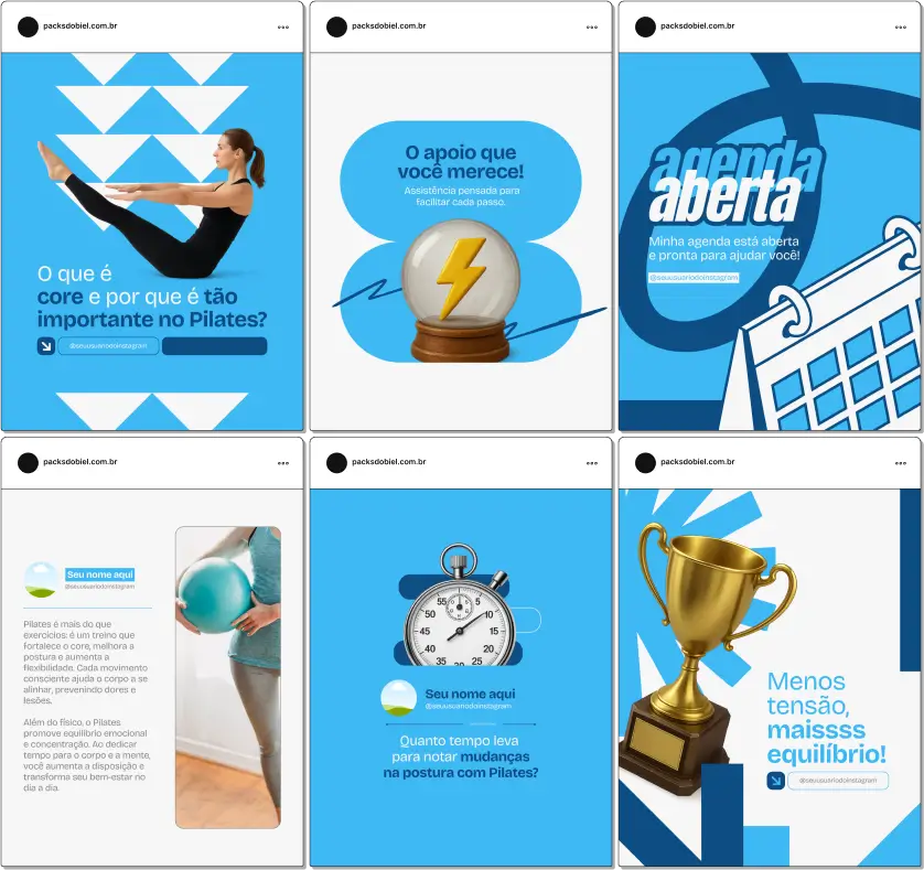 Pack Canva Pilates para Estúdios e Instrutores – Kit de posts editáveis com artes e conteúdos prontos para Instagram e redes sociais. Inclui temas como alongamento, fortalecimento, postura, benefícios do pilates, prevenção de dores e vida ativa. Ideal para estúdios, instrutores e professores de Pilates que desejam atrair alunos, mostrar autoridade e manter o perfil sempre profissional e atualizado.