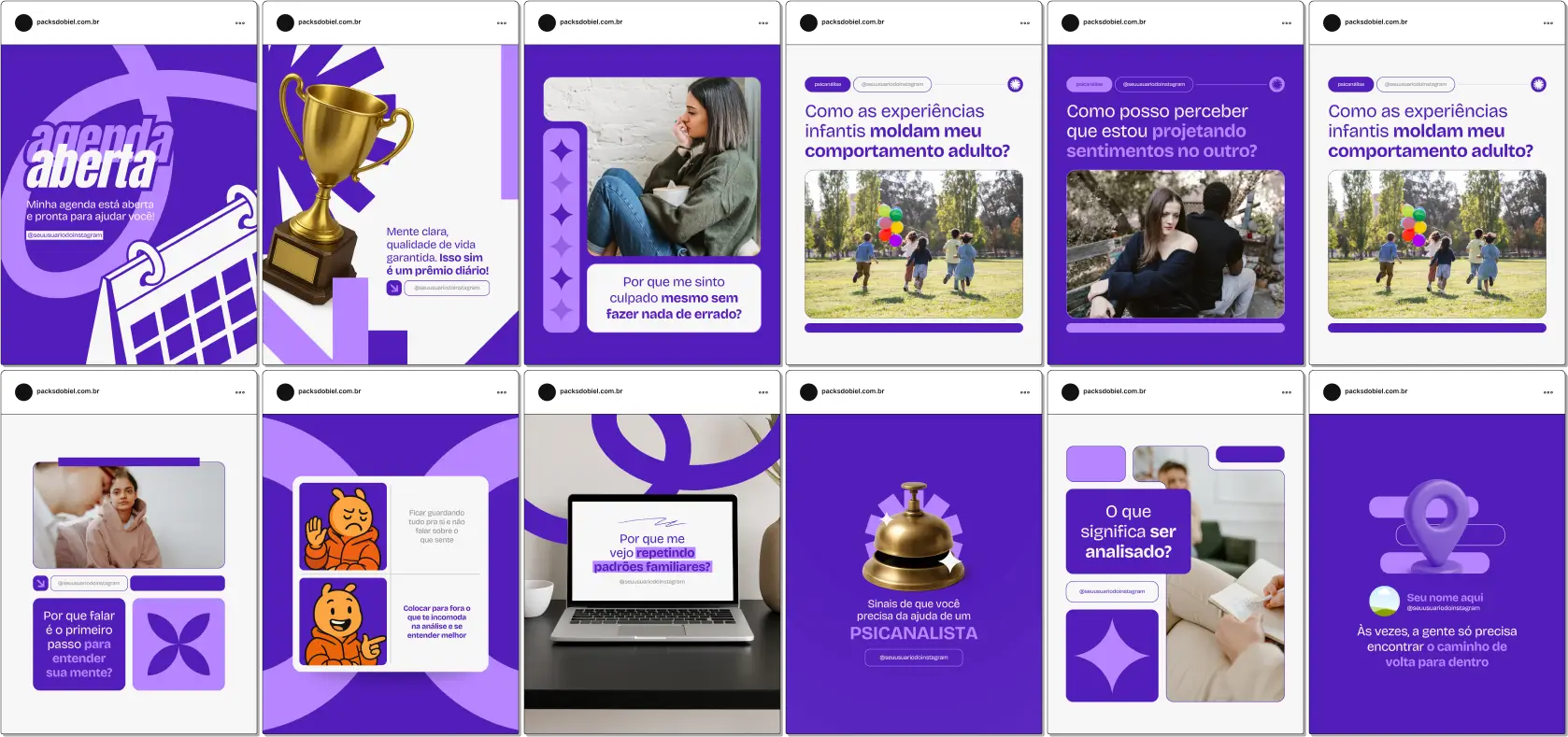 Kit completo de posts para psicanalistas com conteúdo educativo sobre Freud, inconsciente, mecanismos de defesa, interpretação de sonhos, emoções reprimidas, e psicoterapia. Design profissional, fácil edição no Canva, perfeito para engajar seu público e fortalecer sua marca.