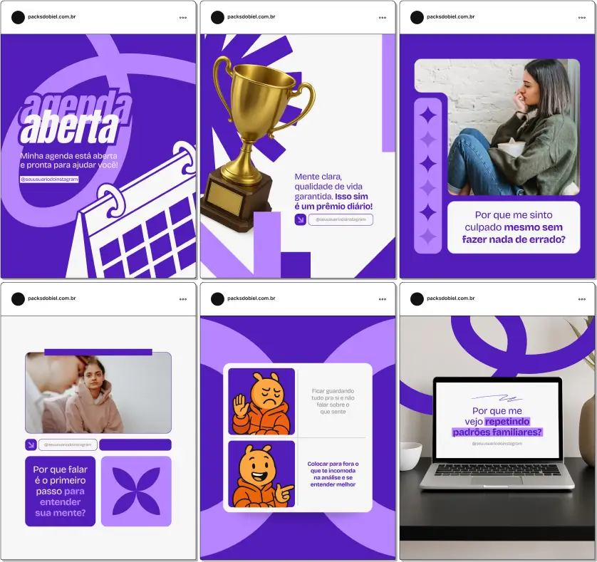 Pack Canva Psicanálise – Kit com posts e artes editáveis para psicólogos, psicanalistas e profissionais da saúde mental. Conteúdos prontos para Instagram e redes sociais sobre teoria psicanalítica, terapia, autoconhecimento, análise de sonhos, conflitos emocionais e desenvolvimento pessoal.