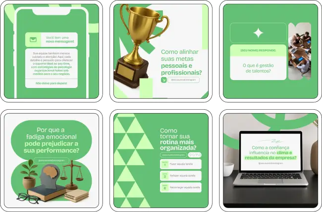 Com este Pack Canva para Psicologia Organizacional e do Trabalho, você cria posts educativos sobre estratégias de engajamento, melhoria da produtividade, inteligência emocional, treinamento de equipes, gestão de conflitos e comunicação corporativa. Tudo pronto para editar e publicar no Canva.
