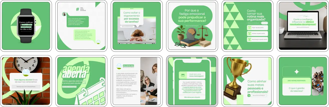 Pack Canva Psicologia Organizacional e do Trabalho – Kit com posts e artes editáveis para psicólogos organizacionais, consultores de RH, coaches e profissionais de desenvolvimento humano. Conteúdos prontos para Instagram e redes sociais sobre clima organizacional, gestão de pessoas, liderança, motivação, avaliação de desempenho e bem-estar no trabalho.