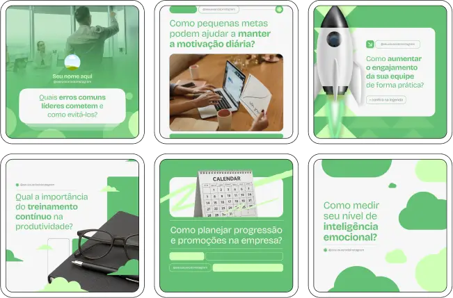 Com este Pack Canva para Psicologia Organizacional e do Trabalho, você cria posts educativos sobre produtividade, gestão de equipes, retenção de talentos, técnicas de coaching, cultura organizacional, prevenção de burnout e orientação para líderes e colaboradores. Totalmente personalizável no Canva e pronto para publicar.