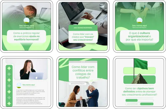 Kit completo para profissionais de psicologia e recursos humanos com posts sobre avaliação psicológica no trabalho, desenvolvimento de competências, bem-estar corporativo, estratégias de engajamento, comunicação interna e programas de treinamento. Design moderno, atrativo e adaptável para redes sociais.