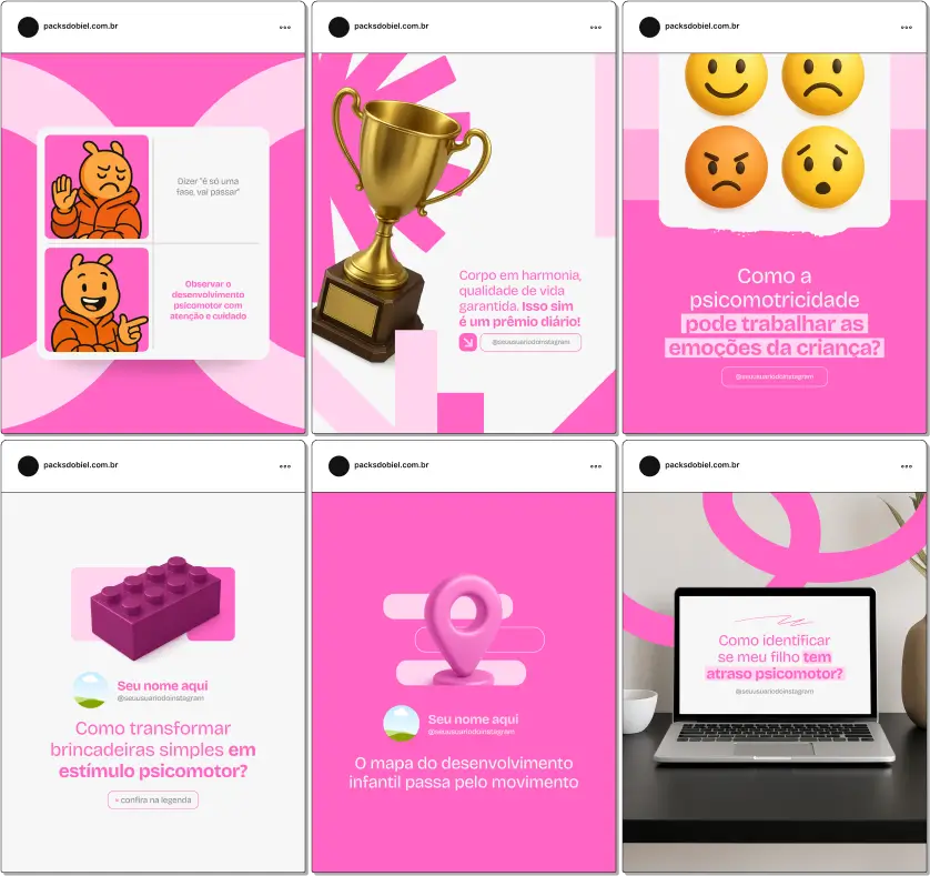 Kit completo para psicomotricistas com posts profissionais e artes sobre benefícios da psicomotricidade, exercícios para crianças com dificuldades motoras, melhora da concentração, equilíbrio, e integração corporal. Design personalizável para Instagram, Facebook e outras redes.