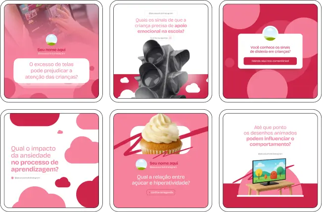 Kit completo para psicopedagogos e profissionais da educação com posts sobre psicopedagogia clínica e escolar, desenvolvimento de habilidades cognitivas e emocionais, orientação para pais e professores, prevenção de dificuldades de aprendizagem e materiais visuais atraentes para aumentar a presença digital e atrair novos alunos.