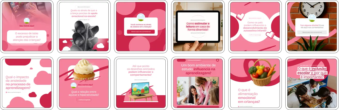 Pack Canva Psicopedagogia – Kit com posts e artes editáveis para psicopedagogos, educadores, terapeutas e clínicas de apoio escolar. Conteúdos prontos para Instagram e redes sociais sobre aprendizagem, dificuldades escolares, desenvolvimento cognitivo, estratégias de ensino, diagnóstico educacional, intervenções personalizadas e dicas para pais e professores.