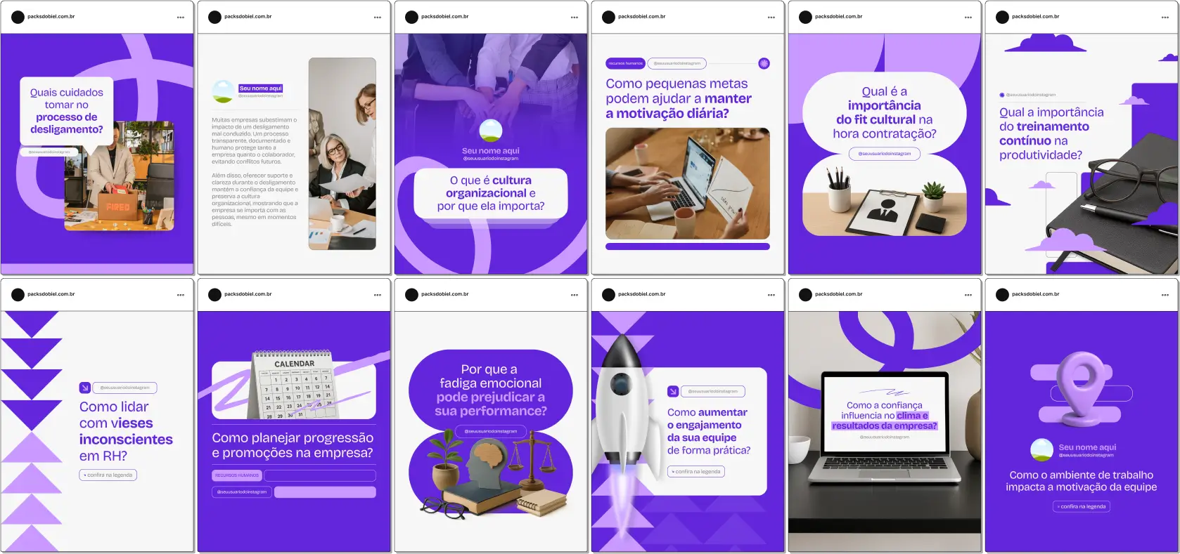 Pack Canva Recursos Humanos – Kit com posts e artes editáveis para profissionais de RH, consultores, coaches corporativos e departamentos de gestão de pessoas. Conteúdos prontos para Instagram e redes sociais sobre recrutamento e seleção, desenvolvimento de talentos, gestão de equipe, treinamentos corporativos, políticas internas e engajamento de colaboradores.