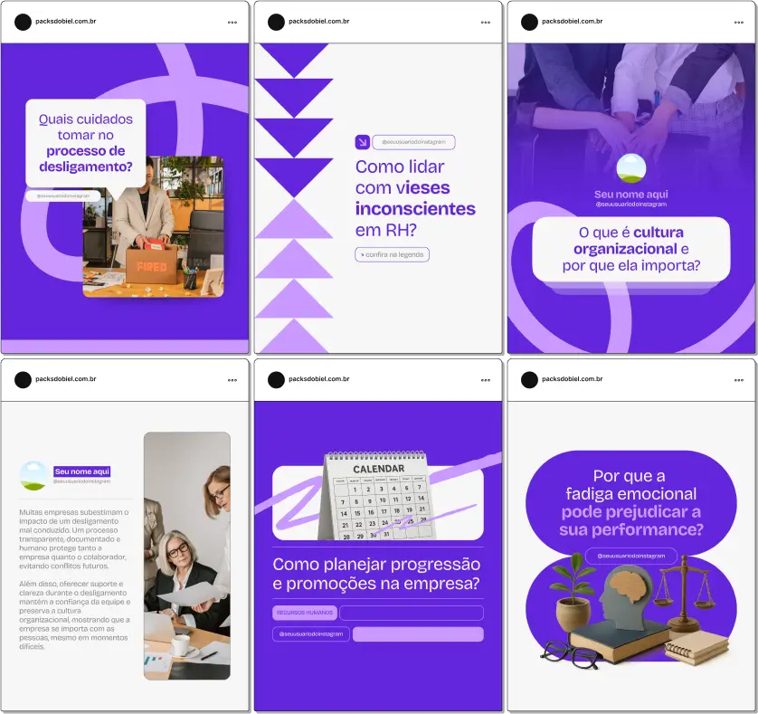Kit completo para profissionais de RH e consultores de gestão de pessoas com posts sobre gestão de carreiras, integração de colaboradores, desenvolvimento de habilidades, treinamento e capacitação, diversidade e inclusão, clima organizacional e estratégias de motivação. Design moderno e editável para redes sociais.
