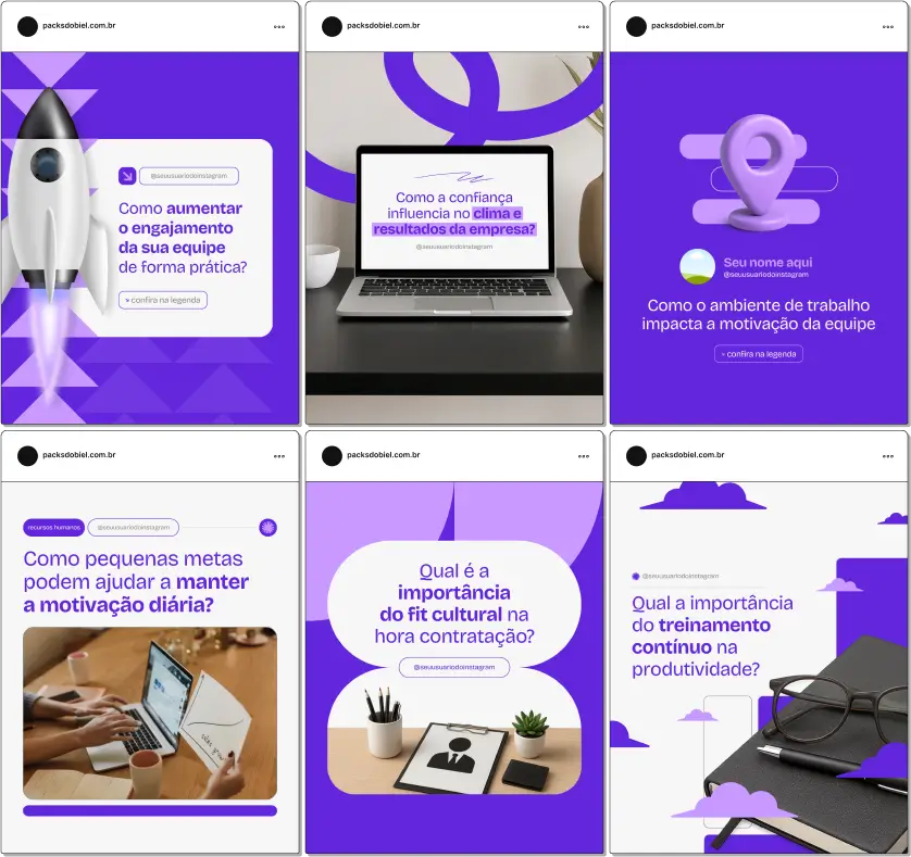 Com este Pack Canva para Recursos Humanos, você cria posts educativos sobre processos de contratação, retenção de talentos, avaliações de desempenho, cultura organizacional, comunicação interna, bem-estar no trabalho e estratégias de liderança. Tudo personalizável no Canva e pronto para publicar.