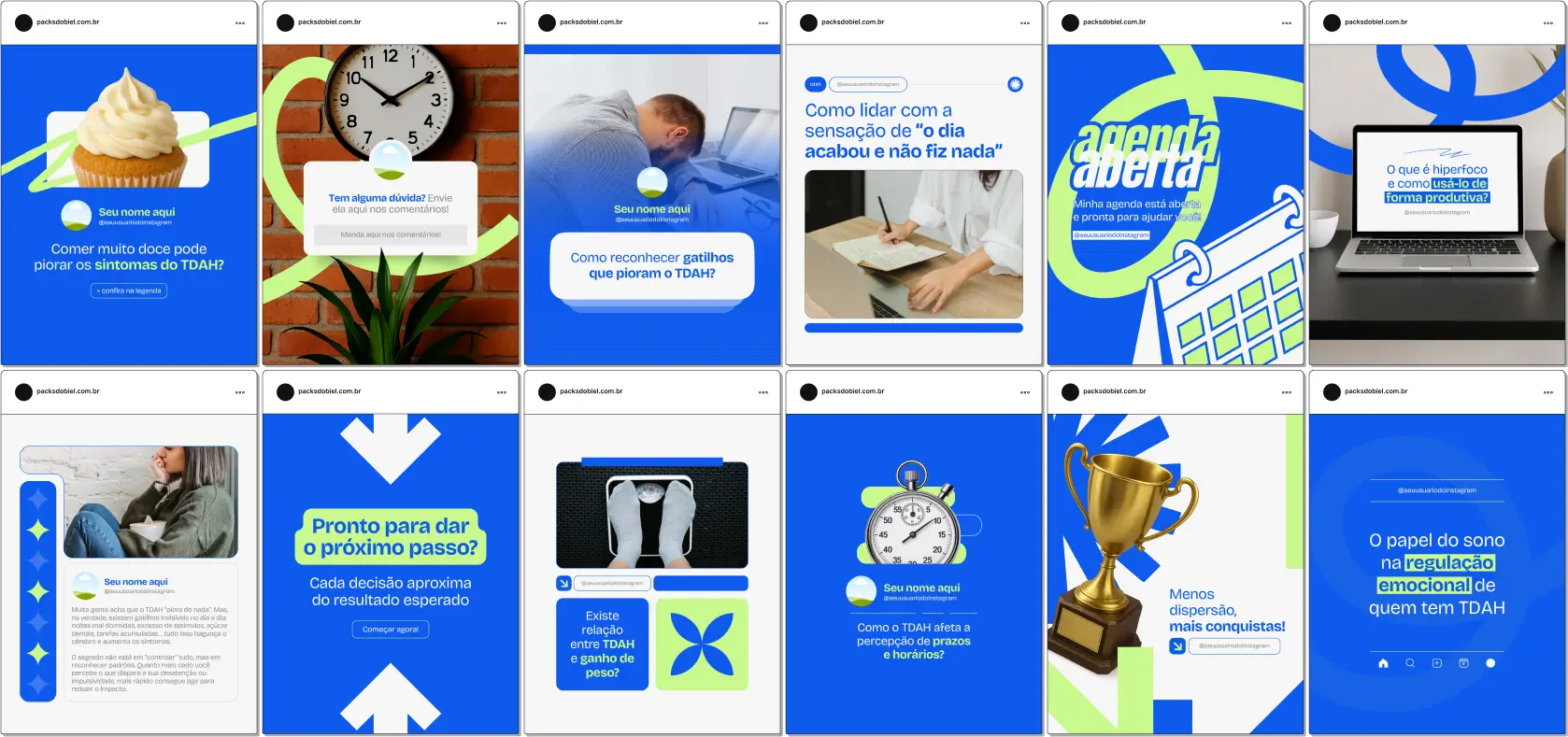 Kit completo para profissionais e famílias com posts sobre transtorno de déficit de atenção e hiperatividade, métodos de acompanhamento, estratégias de estudo, gestão comportamental, saúde mental e inclusão escolar. Design moderno e editável para redes sociais.