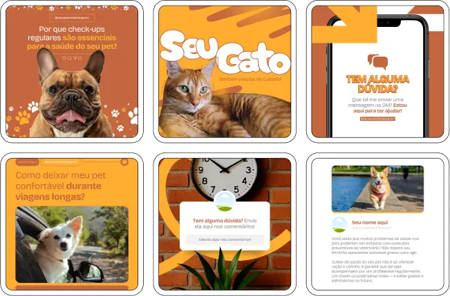 Pack Canva para veterinários com artes educativas sobre comportamento e bem-estar dos pets