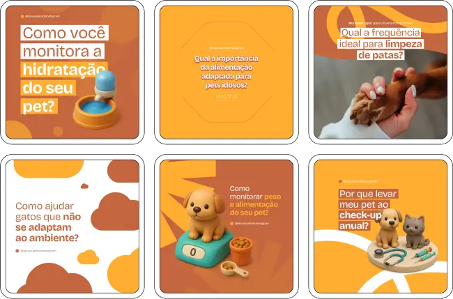 Kit de posts editáveis para veterinários com orientações sobre cuidados com pets no Canva