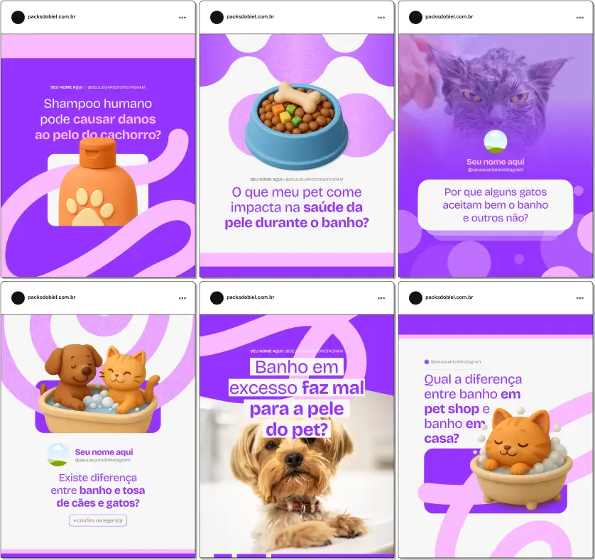 Pack Canva Banho e Tosa – Kit de posts prontos e totalmente editáveis para pet shops e profissionais de estética animal. Inclui artes sobre banho, tosa, hidratação, cuidados com pelos e pele, higiene de ouvidos e patas, além de chamadas para agendamento. Ideal para atrair tutores de cães e gatos no Instagram e redes sociais.