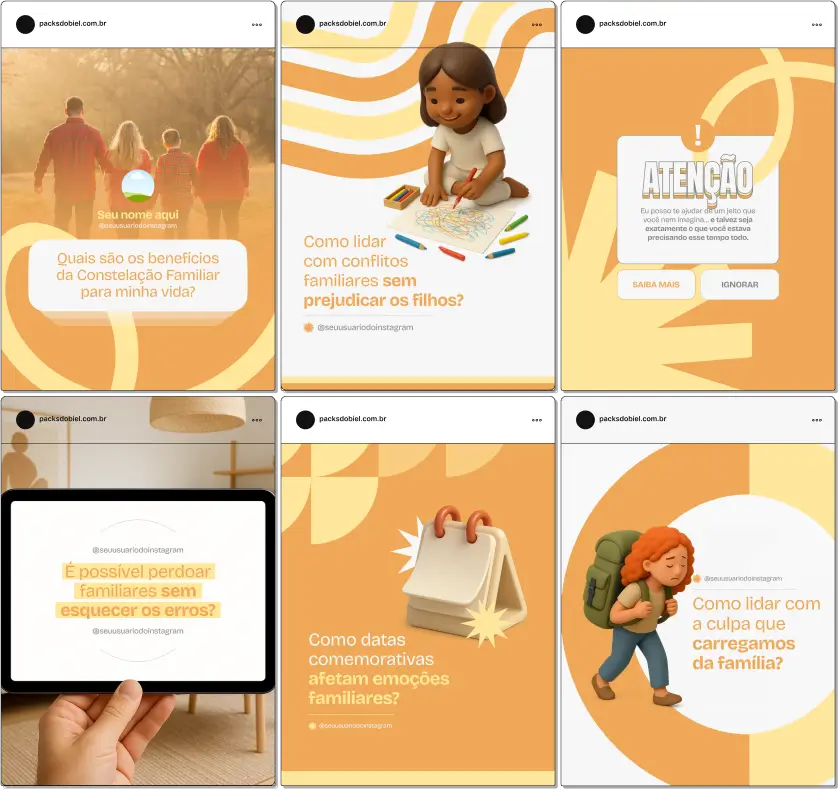 Pack Canva Constelação Familiar – Kit com posts e artes editáveis para Instagram e redes sociais, com conteúdos prontos sobre terapias sistêmicas, resolução de conflitos familiares, dinâmicas de relacionamentos, autoconhecimento, equilíbrio emocional e fortalecimento de vínculos familiares. Ideal para consteladores familiares, psicólogos e terapeutas que desejam aumentar presença digital e engajamento.